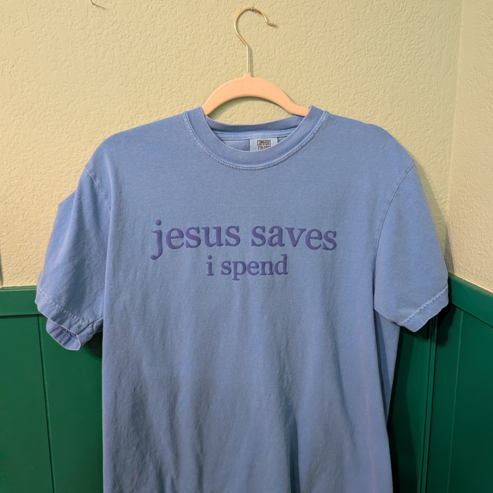 Comfort Colors Light Blue Tee with Purple Text